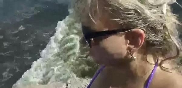  BBW lady on beach play with naked boobs